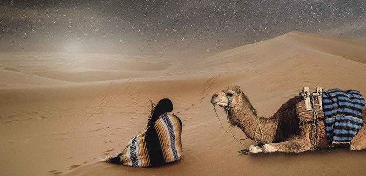 Wartende mit Kamel in der Wüste